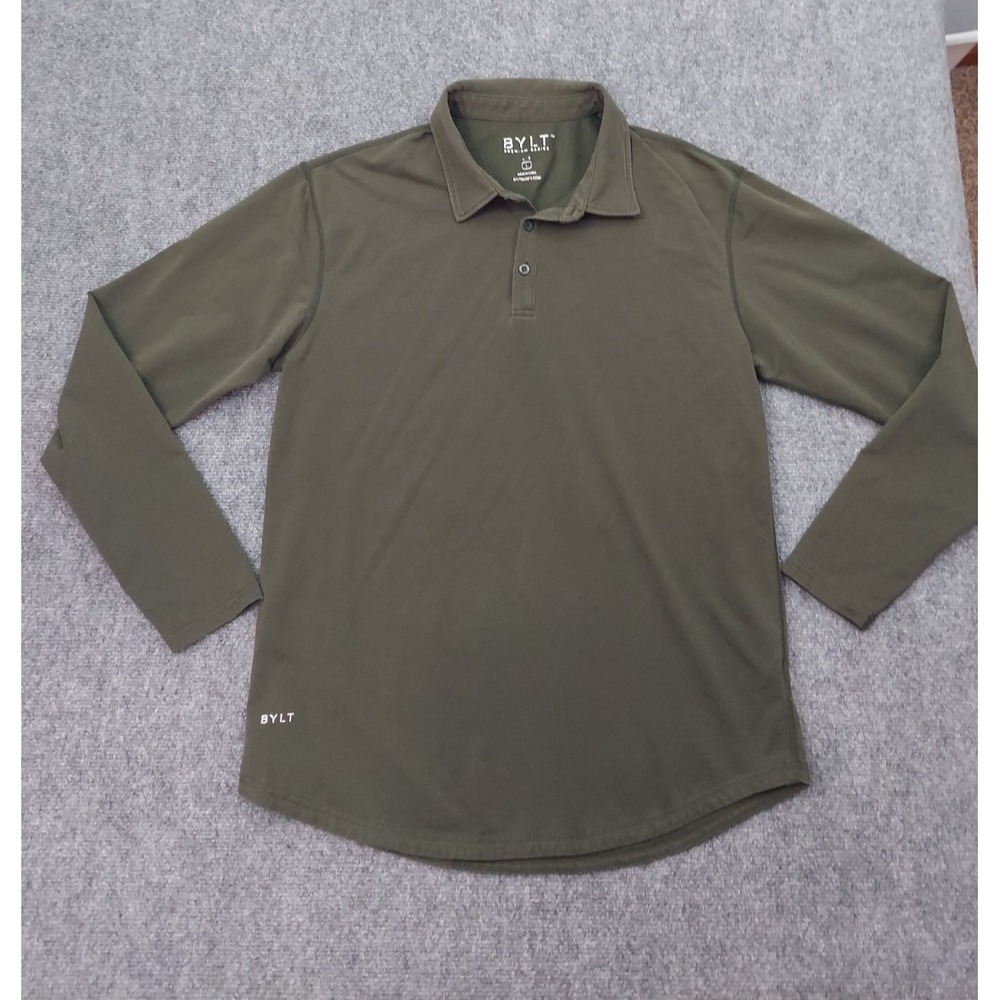BYLT shirt Mens Large Olive Green Polo Long Sleeve Lux Curved Hem -Stain